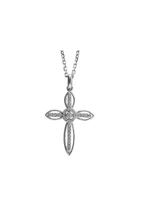 Cross Pendant with Halo Style Center and Diamond Rounds Traced by Solid 18k White Gold