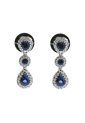 Drop Sapphire Dangling Earrings with Diamond Halos in 18k White Gold