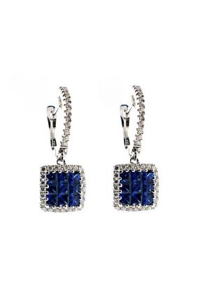 Square Sapphire Dangling Hoop Earrings with Diamond Halo in 18k White Gold