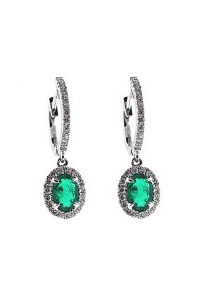 Diamond and Emerald Dangling Hoop Earrings in 18k White Gold