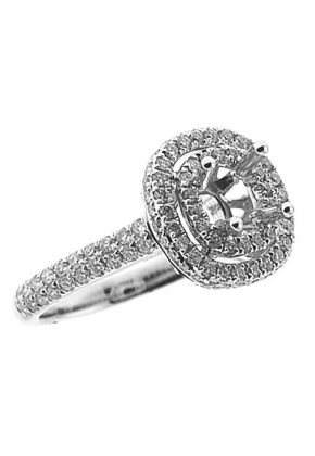 Double Halo Two Row Pave and Micro Prong 0.86ct Diamond Semi Mount Engagement Ring 18kt White Gold