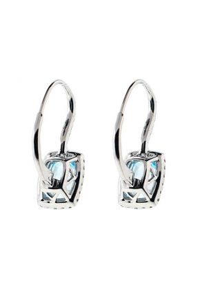 Rectangle Cushion Aquamarine Leverback Dangling Earrings with Diamond Halo in 18K White Gold