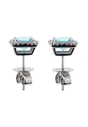 Cushion Cut Aquamarine Post Back Stud Earrings with Single Diamond Halo Set in 18K White Gold