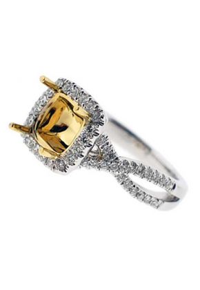 Square Cushion Halo Twist Band 0.45ct Diamond Semi Mount Engagement Ring for a Fancy Yellow Center 18kt White gold