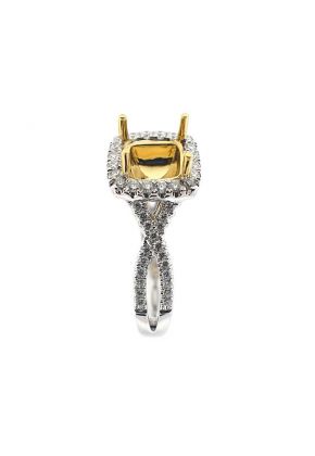 Square Cushion Halo Twist Band 0.45ct Diamond Semi Mount Engagement Ring for a Fancy Yellow Center 18kt White gold