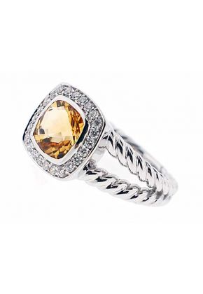 Cushion Citrine Diamond Halo Roped Split Shank Ring 18kt White Gold