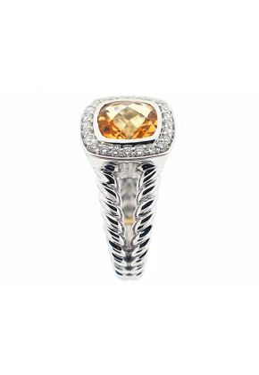Cushion Citrine Diamond Halo Roped Split Shank Ring 18kt White Gold