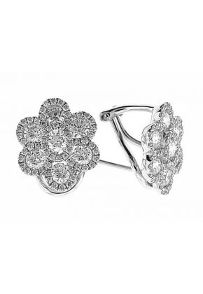 Flower Design Cluster, French Clip Back Diamond Earrings in 18k White Gold