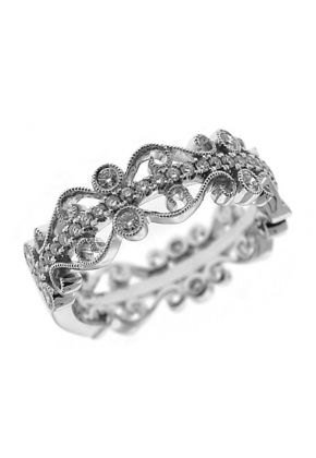 Milgrain Filigree Band with Bezel and Prong Set Round Diamonds in 18k White Gold