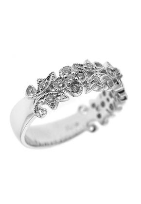 Milgrain Filigree Band with Bezel and Prong Set Round Diamonds in 18k White Gold