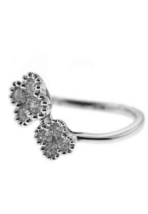 Bypass Right Hand Fashion Ring with Clover Designs of Diamonds Surrounded by Beaded Milgrain in 18K White Gold