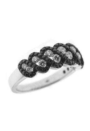 Right Hand Fashion Ring with a Swirling Design of Black Diamonds Surrounding White Diamonds Set in 18K White Gold