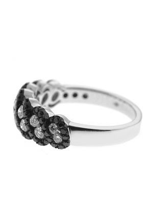Right Hand Fashion Ring with a Swirling Design of Black Diamonds Surrounding White Diamonds Set in 18K White Gold