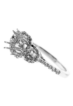 3 Stone Halo, Half Moon, Thin Shank, Embellished Crown, Diamond Semi Mount Engagement Ring Setting