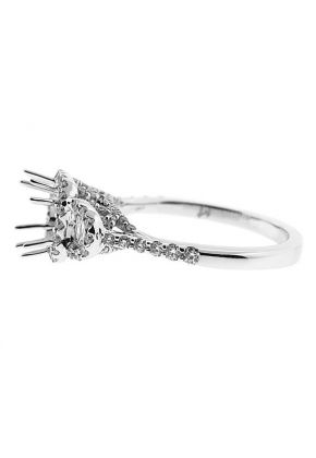 3 Stone Halo, Half Moon, Thin Shank, Embellished Crown, Diamond Semi Mount Engagement Ring Setting