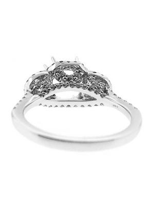 3 Stone Halo, Half Moon, Thin Shank, Embellished Crown, Diamond Semi Mount Engagement Ring Setting