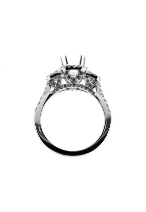 3 Stone Halo, Half Moon, Thin Shank, Embellished Crown, Diamond Semi Mount Engagement Ring Setting