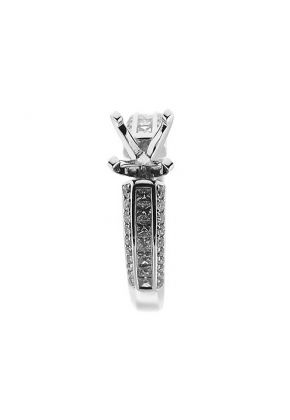 Semi Mount Engagement Ring with Channel Set Princess Cut Diamonds Bordered by Round Diamonds in 18k White Gold