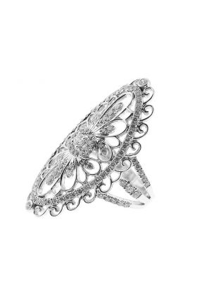 Vintage Inspired Marquise Shaped Statement Ring with Filigree Design and Diamonds Set in 18K White Gold
