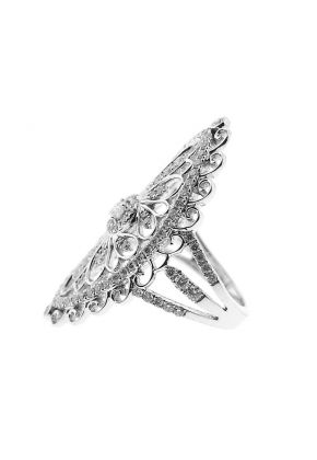 Vintage Inspired Marquise Shaped Statement Ring with Filigree Design and Diamonds Set in 18K White Gold
