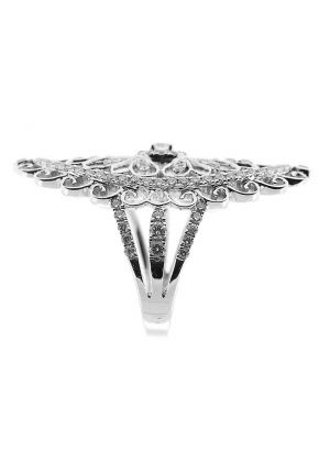 Vintage Inspired Marquise Shaped Statement Ring with Filigree Design and Diamonds Set in 18K White Gold