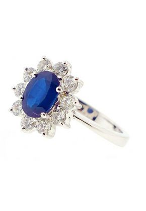 Right Hand Fashion Ring with Sapphire Center Surrounded by Prong Set Diamond Rounds in 18K White Gold