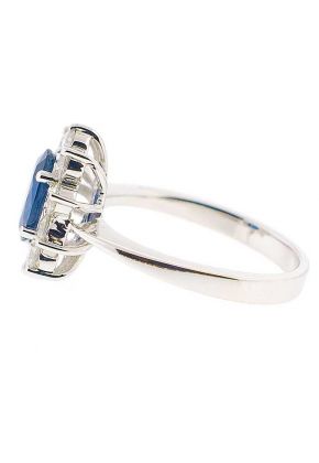 Right Hand Fashion Ring with Sapphire Center Surrounded by Prong Set Diamond Rounds in 18K White Gold