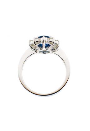 Right Hand Fashion Ring with Sapphire Center Surrounded by Prong Set Diamond Rounds in 18K White Gold