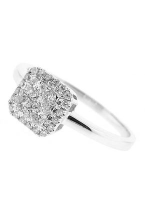 Square Right Hand Fashion Ring with Cluster of Diamonds and a Diamond Halo Set in 18K White Gold