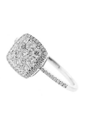 Right Hand Fashion Ring with a Square Cluster of Diamonds Surrounded by a Diamond Halo in 18K White Gold