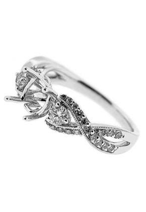 Twisted Split Shank 3 Stone Look Diamond Semi Mount Engagement Ring in 18k White Gold