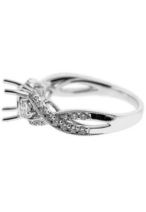 Twisted Split Shank 3 Stone Look Diamond Semi Mount Engagement Ring in 18k White Gold