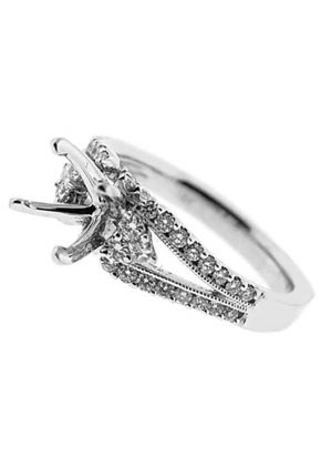 Split Shank 3 Stone Look Semi Mount Engagement Ring in 18k White Gold