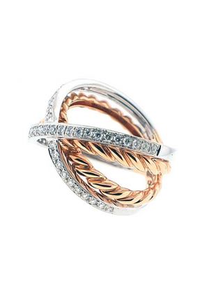 Two Toned Crossover Style Ring with Diamonds Set in 18K White Gold and Rope Design in 18K Rose Gold