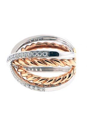 Two Toned Crossover Style Ring with Diamonds Set in 18K White Gold and Rope Design in 18K Rose Gold