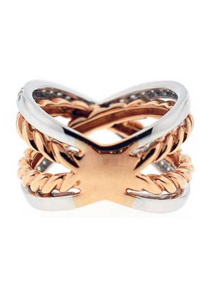 Two Toned Crossover Style Ring with Diamonds Set in 18K White Gold and Rope Design in 18K Rose Gold
