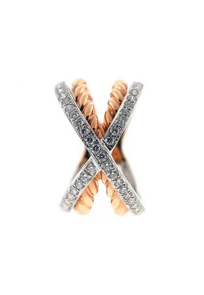 Two Toned Crossover Style Ring with Diamonds Set in 18K White Gold and Rope Design in 18K Rose Gold