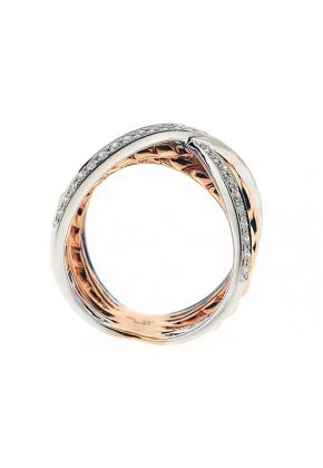 Two Toned Crossover Style Ring with Diamonds Set in 18K White Gold and Rope Design in 18K Rose Gold