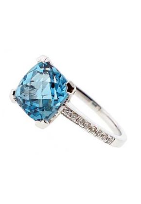 Cushion Cut Blue Topaz Right Hand Fashion Ring with Diamond Rounds Set in 18K White Gold