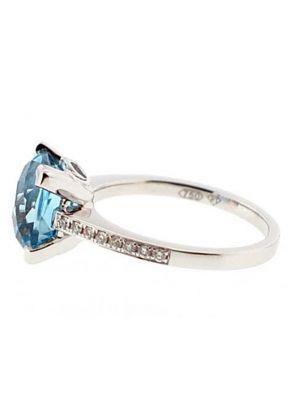 Cushion Cut Blue Topaz Right Hand Fashion Ring with Diamond Rounds Set in 18K White Gold