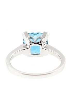 Cushion Cut Blue Topaz Right Hand Fashion Ring with Diamond Rounds Set in 18K White Gold