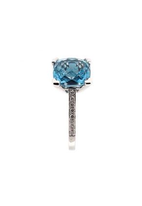 Cushion Cut Blue Topaz Right Hand Fashion Ring with Diamond Rounds Set in 18K White Gold