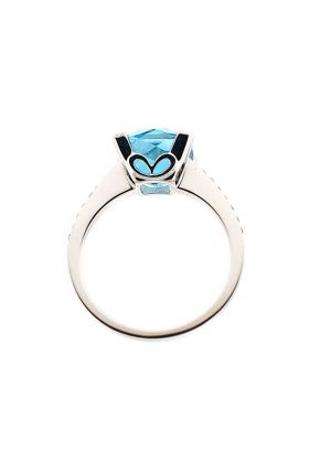 Cushion Cut Blue Topaz Right Hand Fashion Ring with Diamond Rounds Set in 18K White Gold