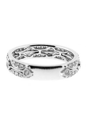 Beaded Milgrain Engraved Band with Bezel and Micro-Prong Set Round Diamonds in 18k White Gold