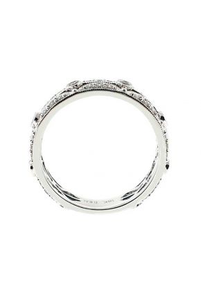 Beaded Milgrain Engraved Band with Bezel and Micro-Prong Set Round Diamonds in 18k White Gold