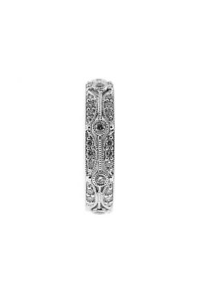 Beaded Milgrain Engraved Band with Bezel and Micro-Prong Set Round Diamonds in 18k White Gold
