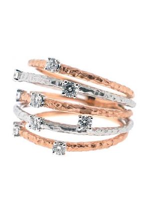 Two Tone 5 Row Cocktail Statement Ring with Prong Set Diamonds in 18K White and Rose Gold