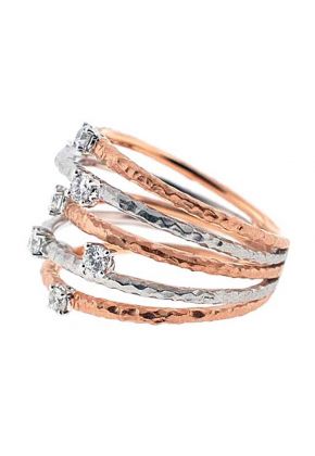 Two Tone 5 Row Cocktail Statement Ring with Prong Set Diamonds in 18K White and Rose Gold
