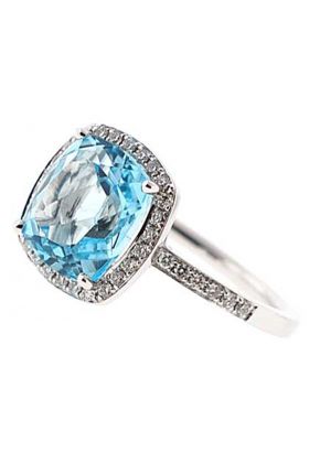 Cushion Cut Aquamarine Right Hand Fashion Ring with Diamond Halo Set in 18K White Gold