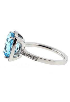 Cushion Cut Aquamarine Right Hand Fashion Ring with Diamond Halo Set in 18K White Gold